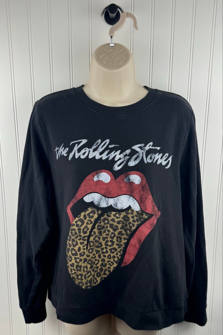 Rolling Stones Leopard Tongue Graphic Sweatshirt Black Fleece Pullover XL